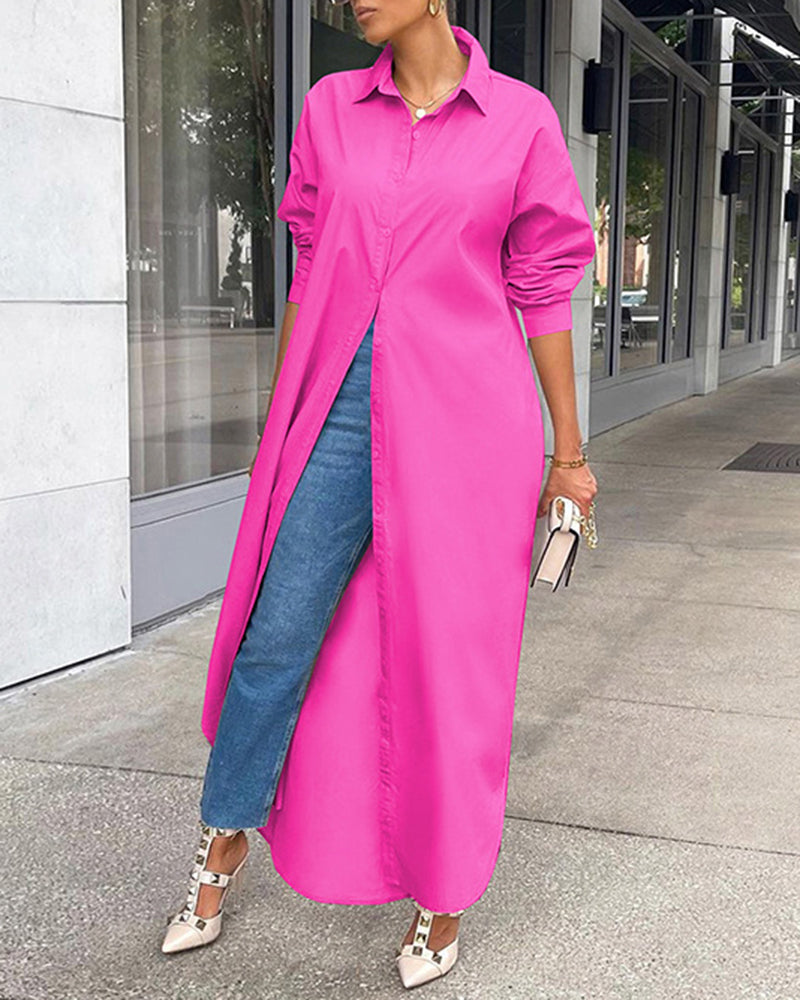 Zeagoo Women's Button Down Maxi Shirts Dress Long Sleeve Collared V Neck Kaftan Loose Long Dress Coat - Rose Red S