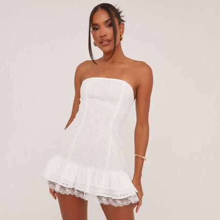 Bandeau Frill Hem Broderie Mini Dress In White, Women's Size