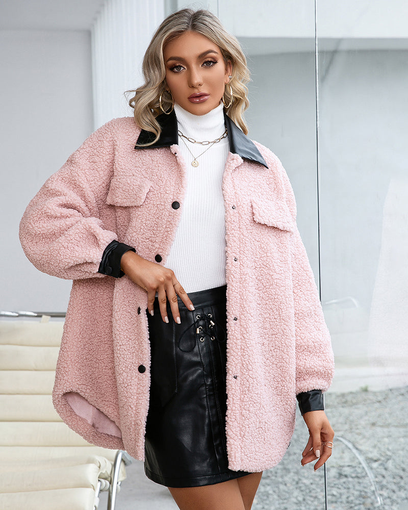 Lapel Collar Plush PU Single-breasted Trench Coat - Pink M