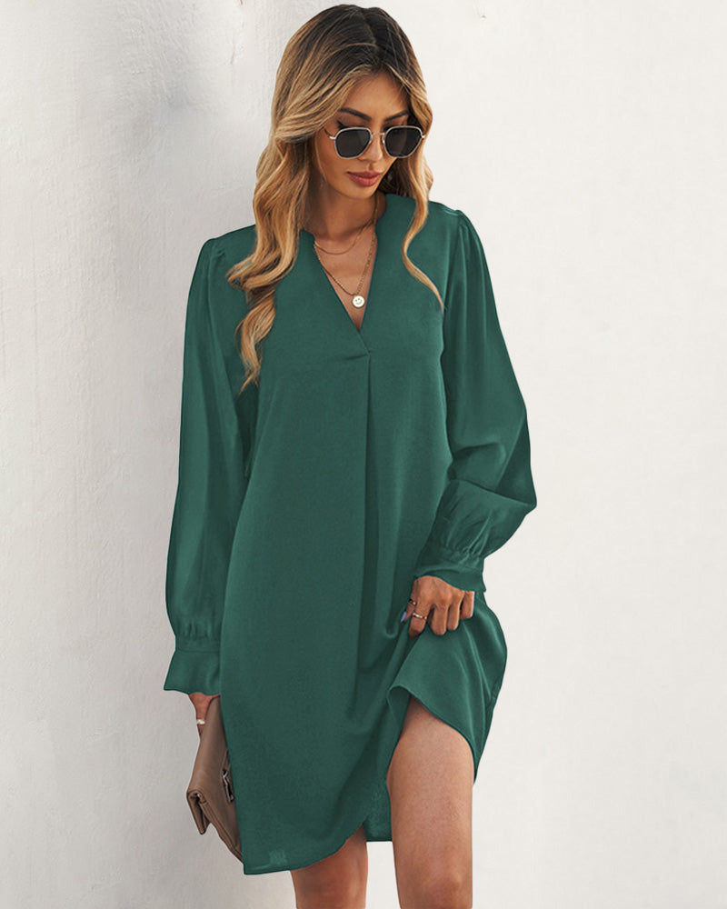 Notch Neck Solid Tunic Dress V-Neck Puff Sleeve Mini Tunic Dress - Dake Green