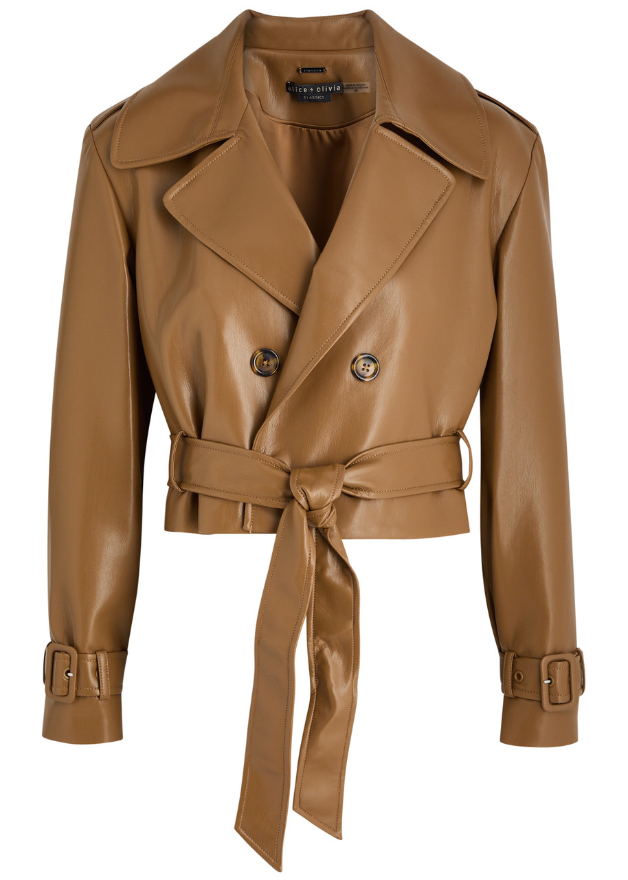 Alice + Olivia Keith Cropped Faux Leather Trench Coat - Camel