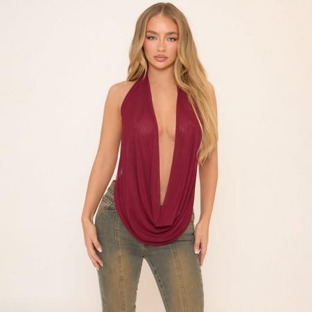 Extreme Cowl Halterneck Top In Burgundy Mesh, Women's Size