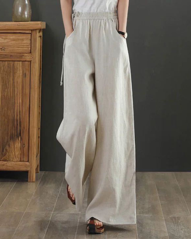 High Waisted Cotton Linen Palazzo Pants Wide Leg Long Pant Trousers - Apricot