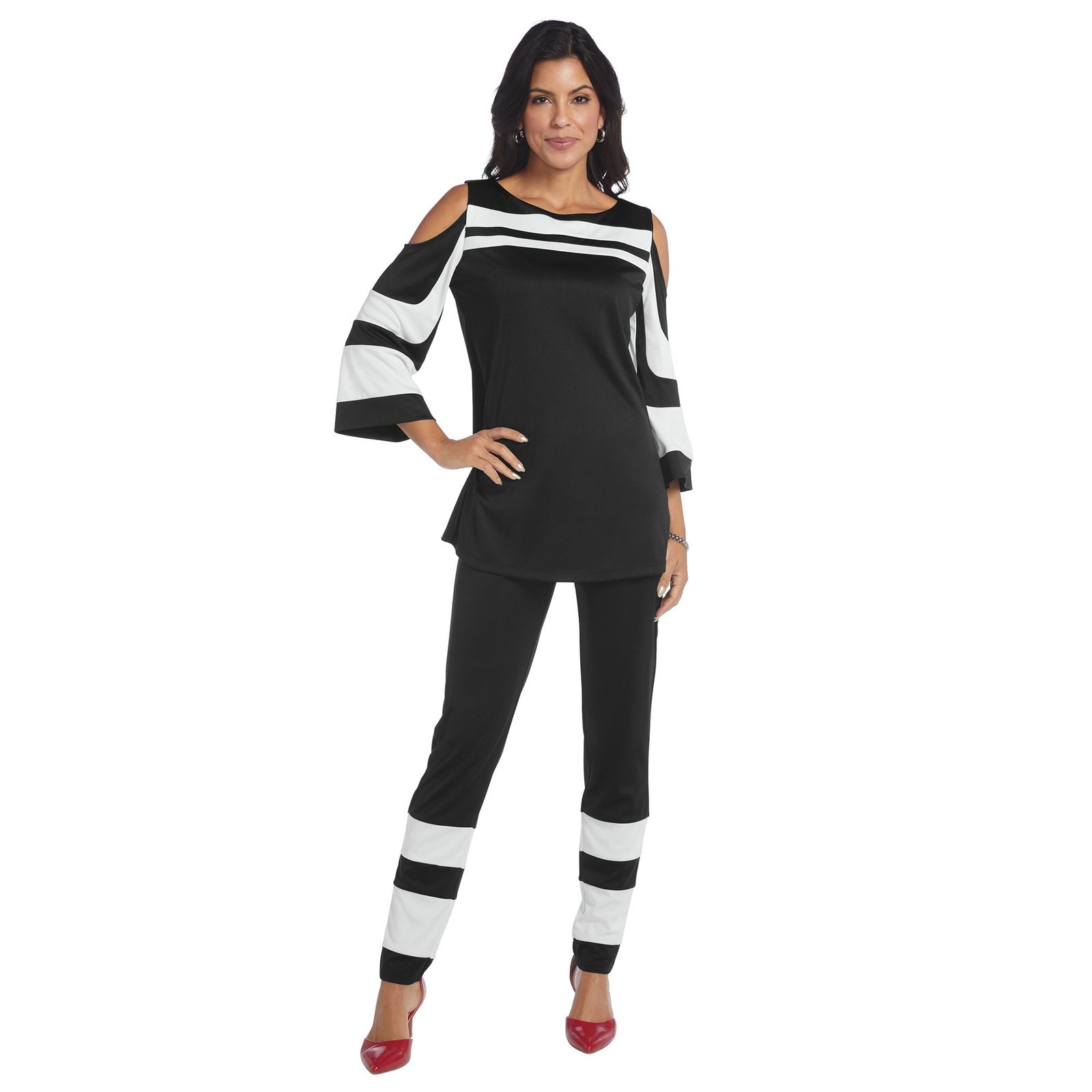 Masseys Cold Shoulder Colorblock Top and Pant Set Black Sets X
