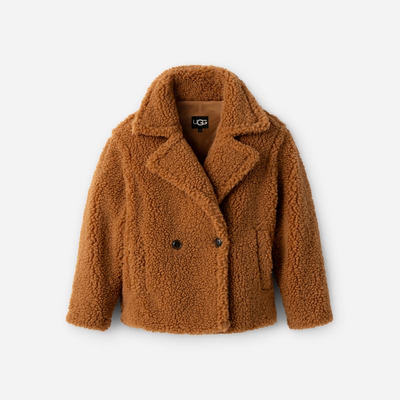 UGG® Women's Gertrude Short Teddy Coat Faux Fur in Chestnut, Size