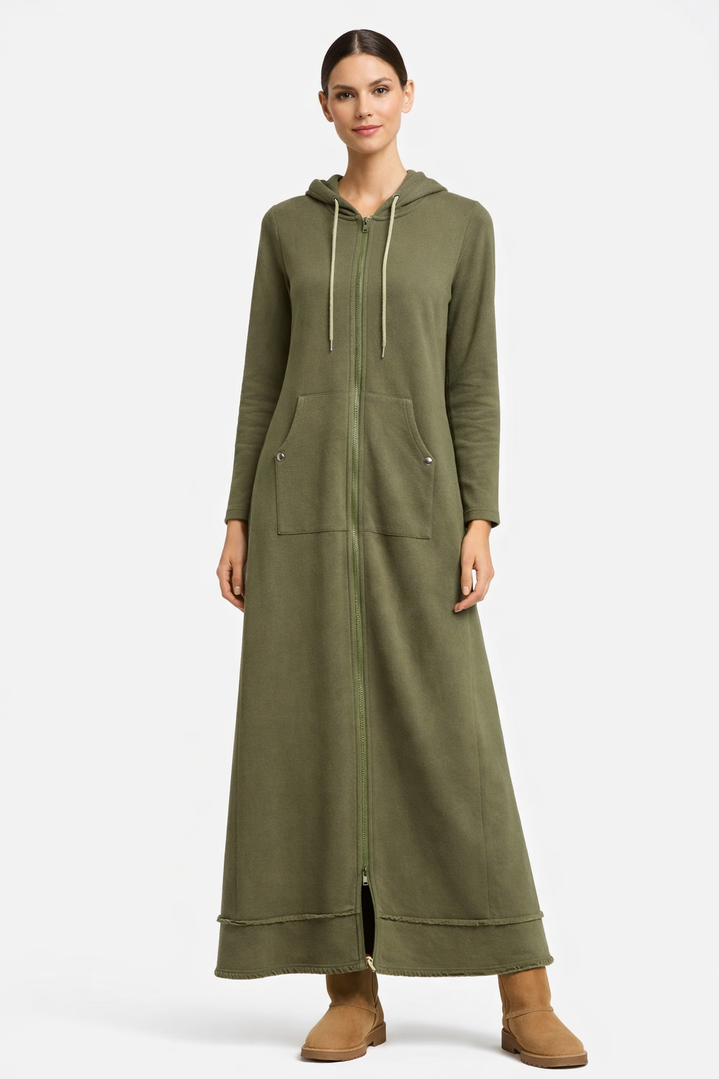 Maxi A-Line Hoodie Coat Dress in Black, Olive & Bordeaux - Olive Large