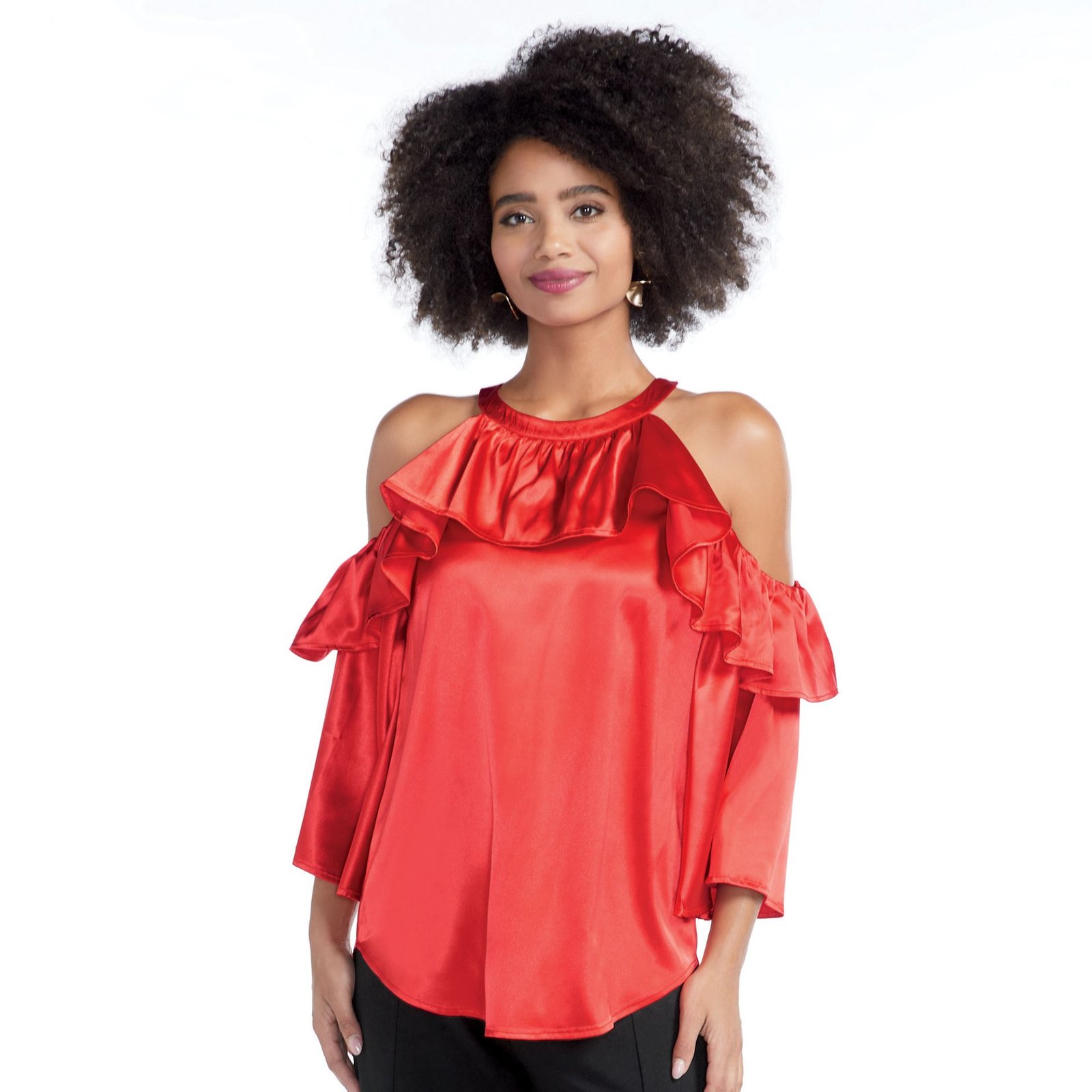 Masseys Ruffle Cold Shoulder Top Red Shirts