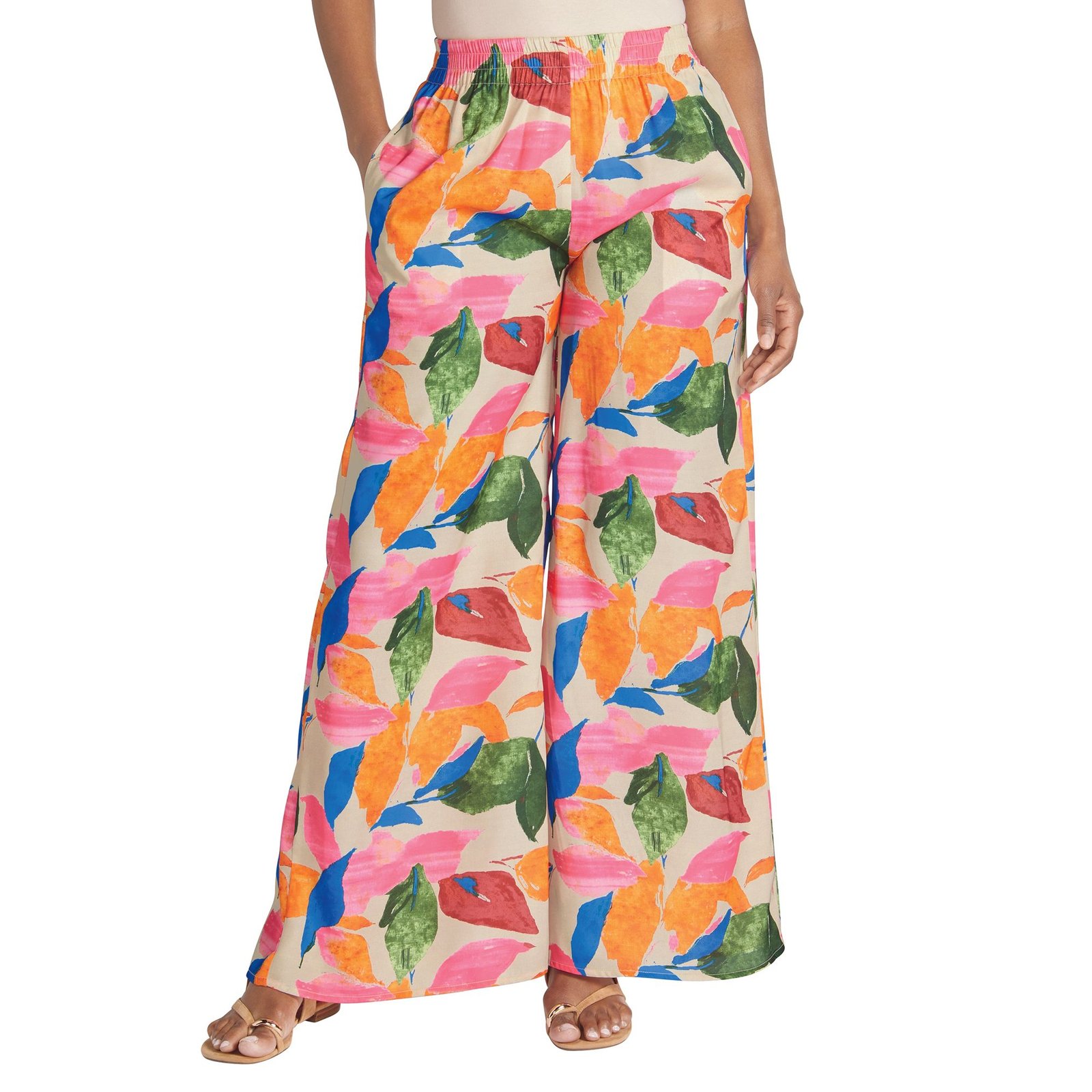 Masseys Wide Leg Satin Pull On Pant Multi Orange Pants X