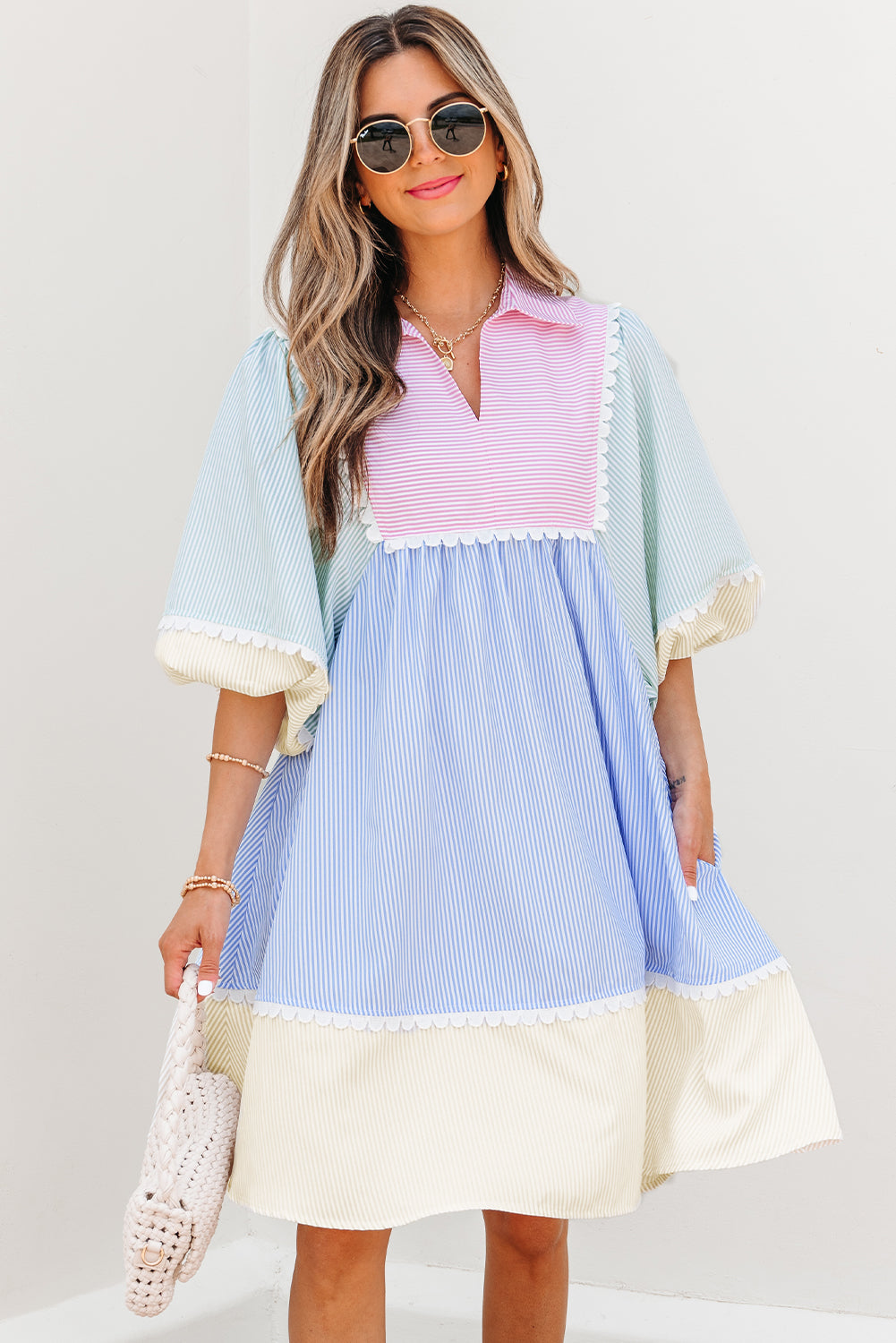 Joelle Striped Ric Rac Puff Sleeve Collared Mini Dress - Multicolour M - %Polyester