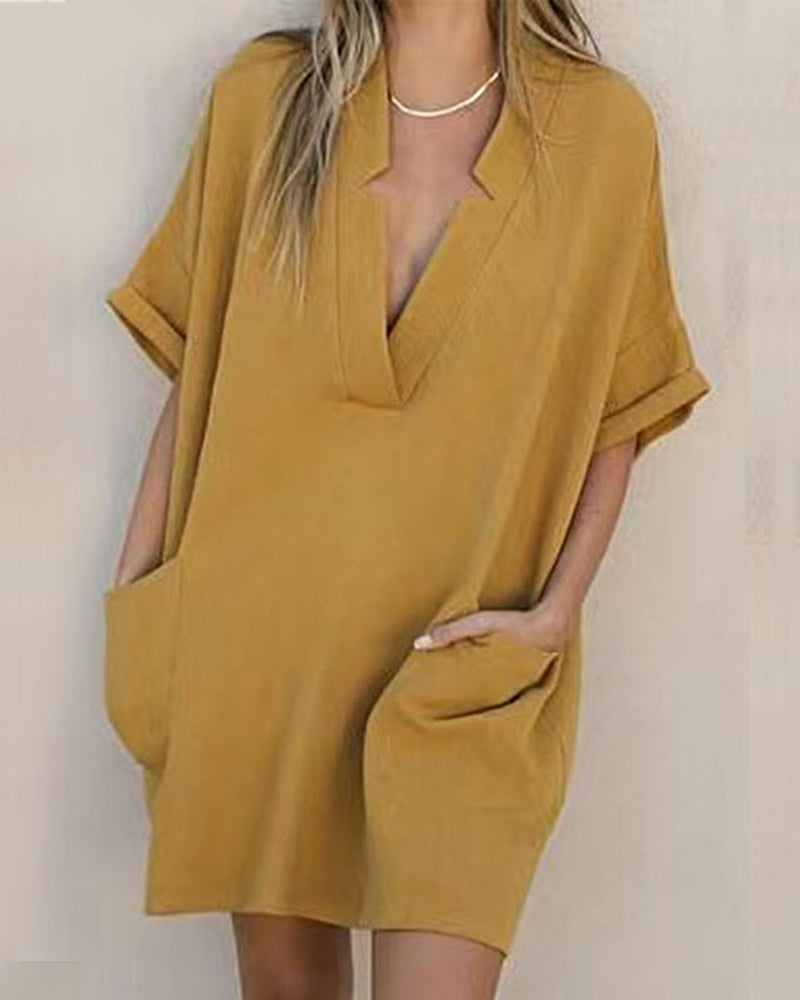 V Neck Boho Dress Short Sleeve Solid Color Dress with Pockets - Yellow S