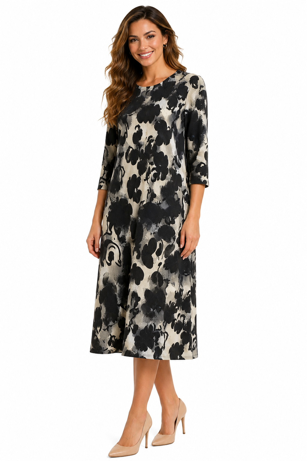 Shirt Dress - Comfortable A-Line Silhouette - - Black Swirl Large