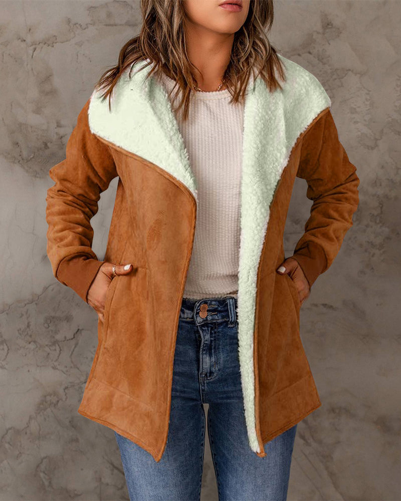 Fleece Long Sleeve Warm Teddy Coat Lapel Cardigan With Pocket - Brown S