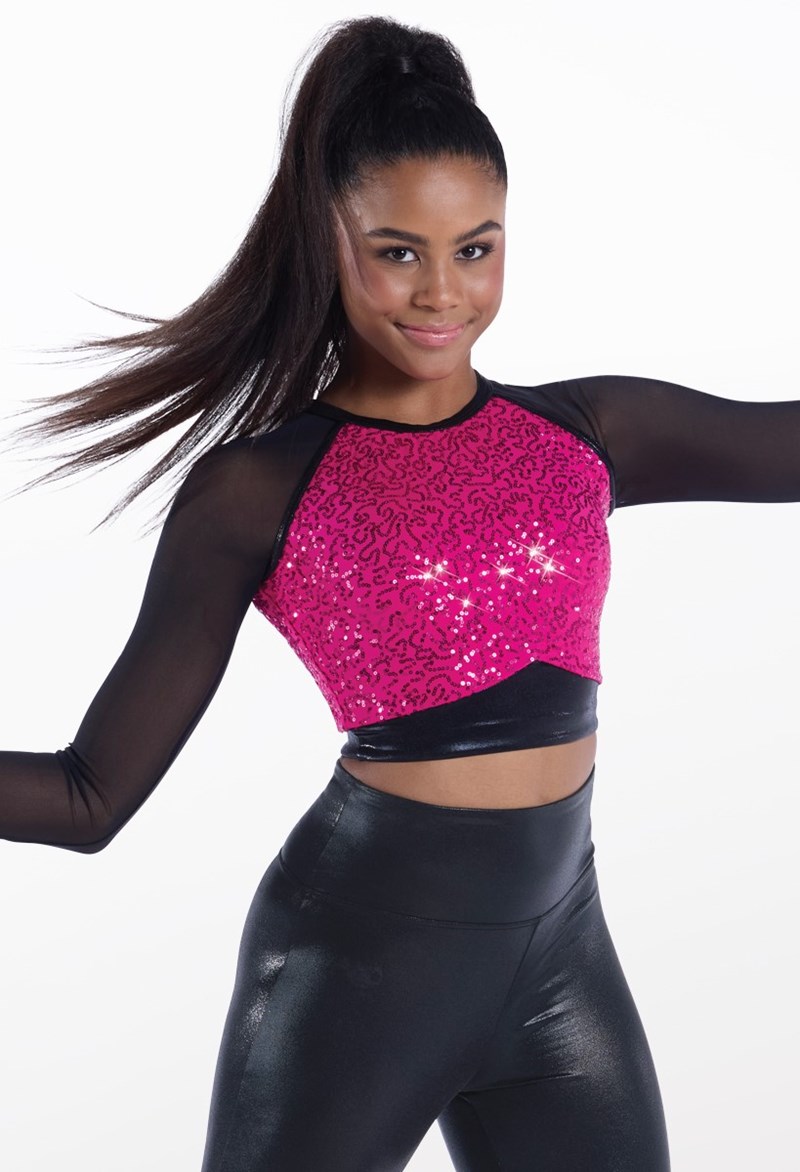 Mesh Sleeve Sequin Crop Top - Lipstick - Adult - Dance Top