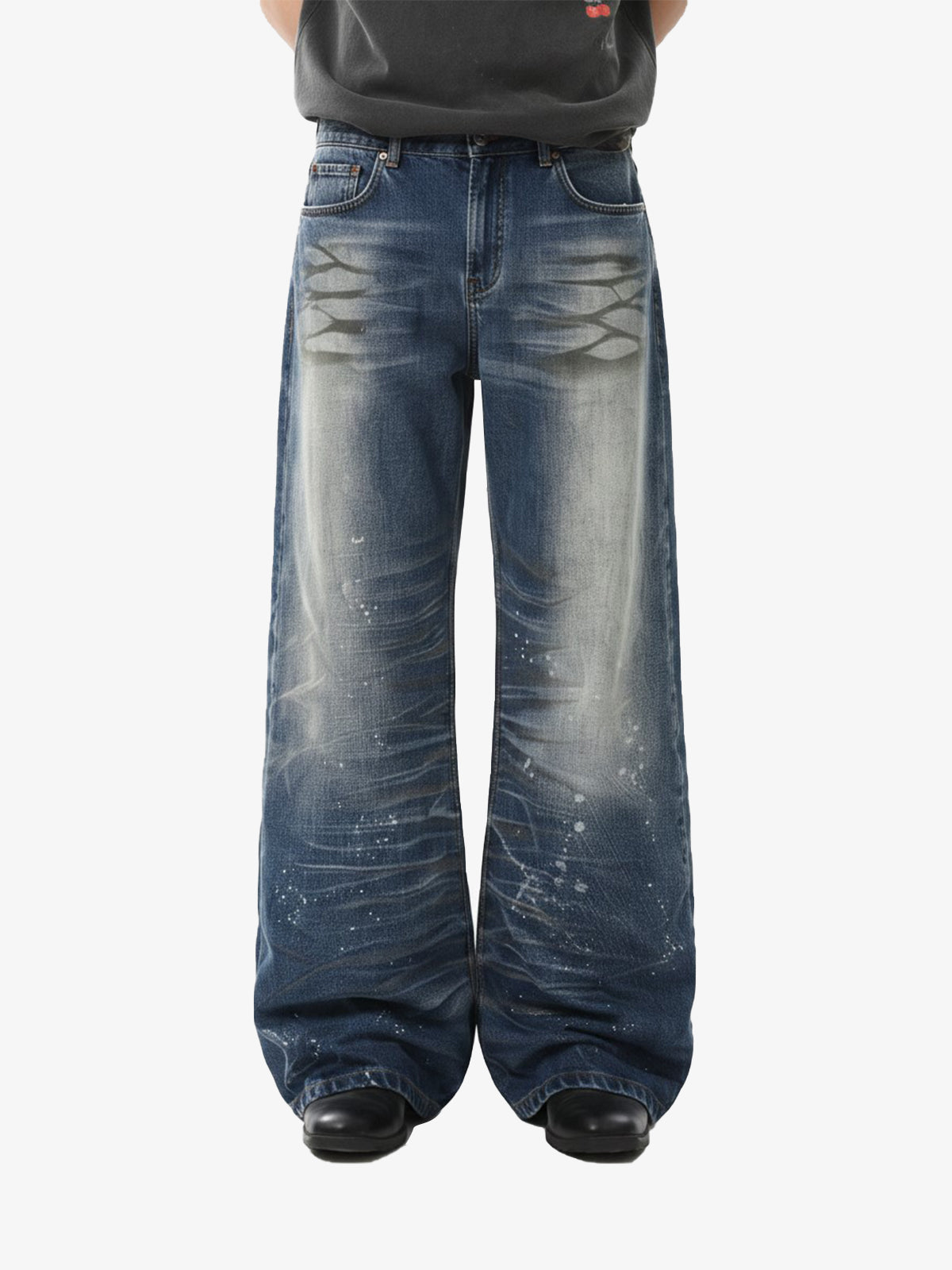 Distressed Washed Paint Splatter Wide Leg Jeans