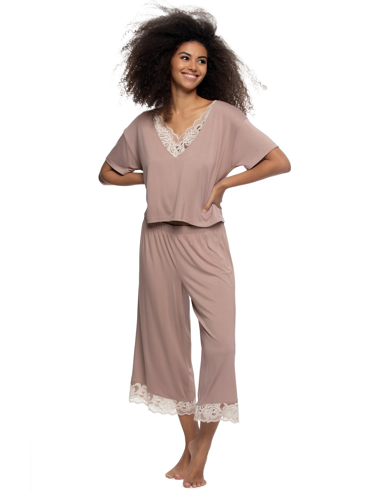 Amelie Vintage Lace Cropped Tee and Pant Set, Dried Petal Small