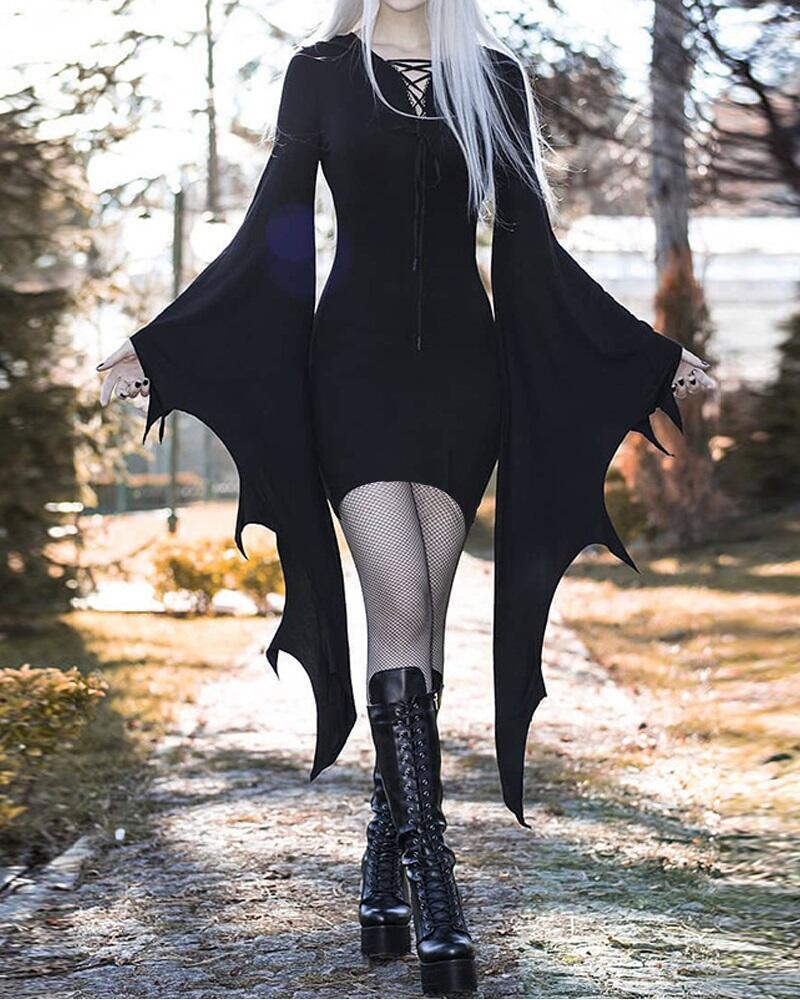 Lace-up Batwing Sleeve Bodycon Dress - Black