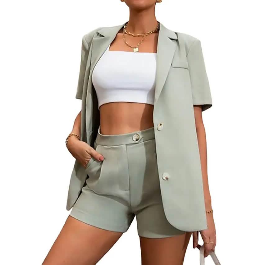 -Piece Set: Women's Solid Color Blazer Shorts