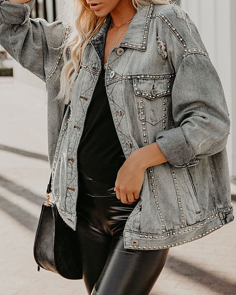 Loose Rivet Beading Ripped Cropped Denim Jacket - Grey