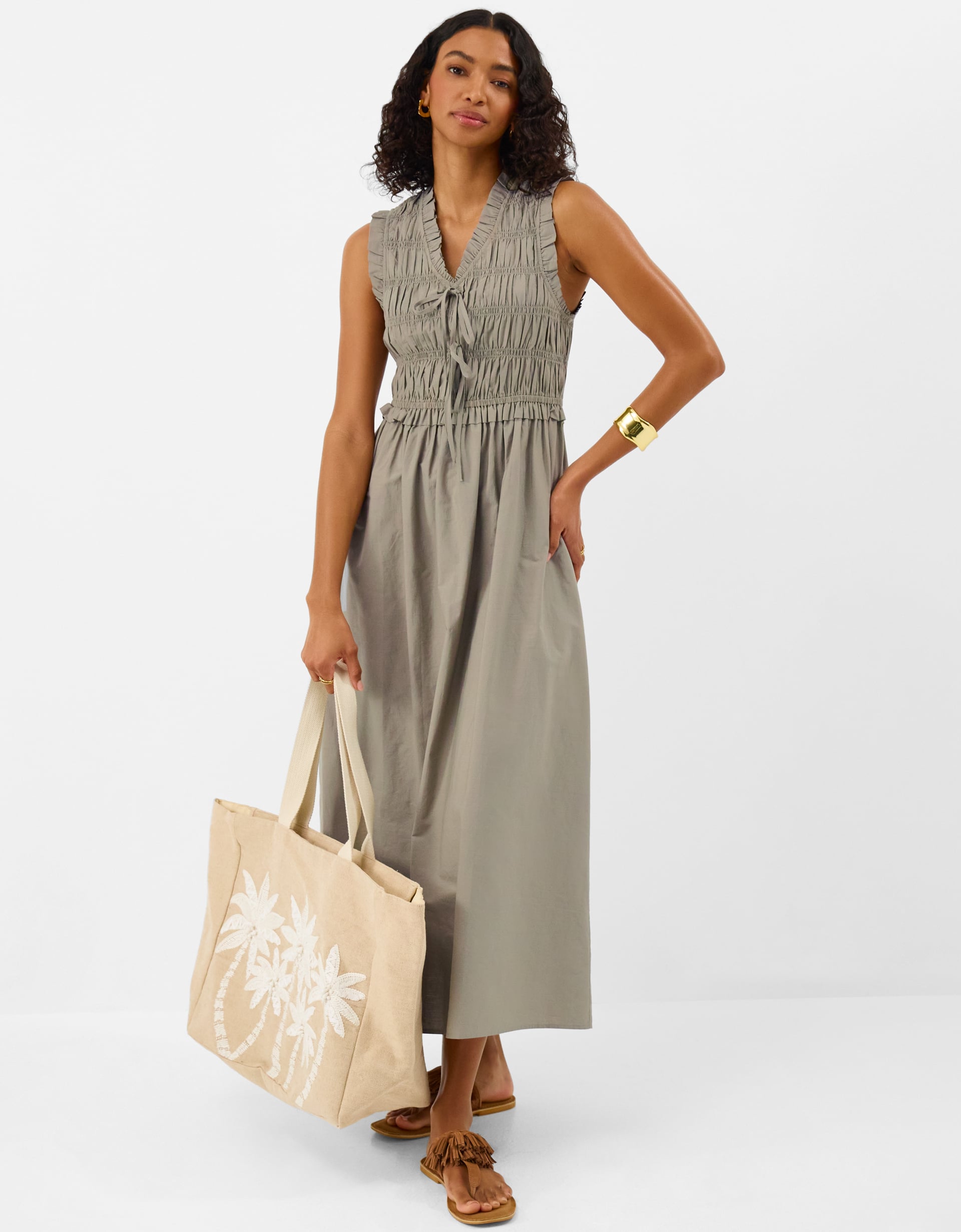 Accessorize Cotton Smocked Tie Front Midi Dress Khaki, Size - Summer Holiday Dress