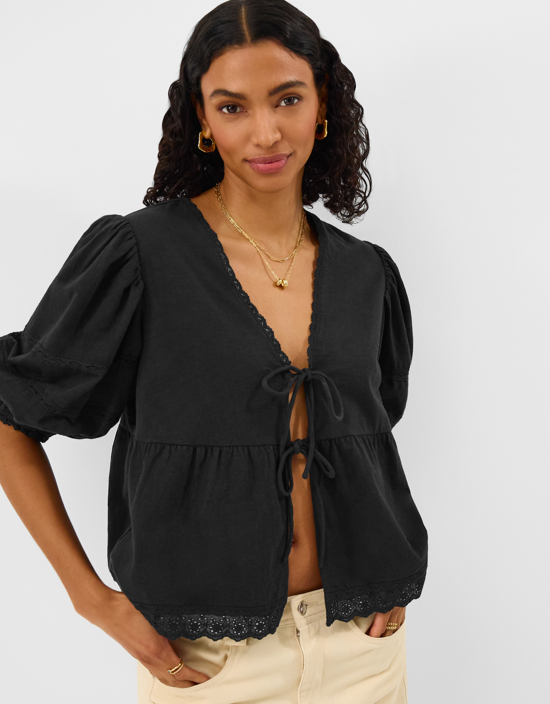 Accessorize Short Sleeve V-neck Cotton Blouses Regular Puff Tie Front Blouse, Black, Size: