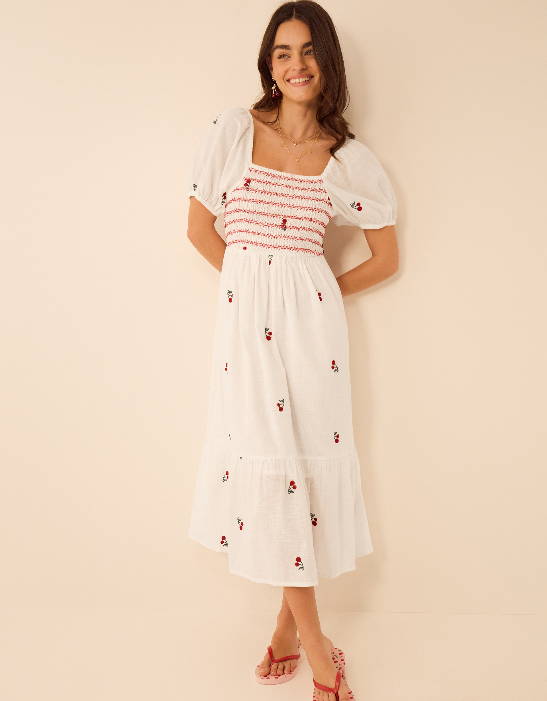 Whitered Puff Sleeve Cherry Embroidered Midi Dress White, Size: M, Women's
