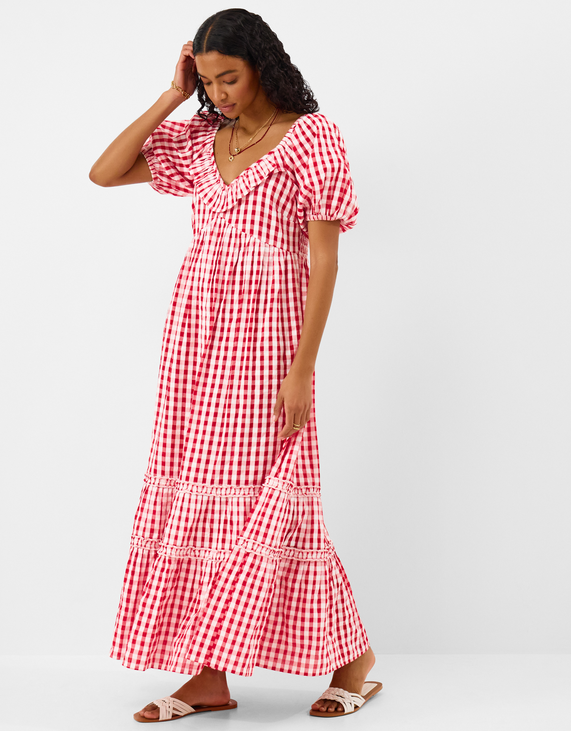 Gingham Print Puff Sleeve Maxi Dress Red, Size: