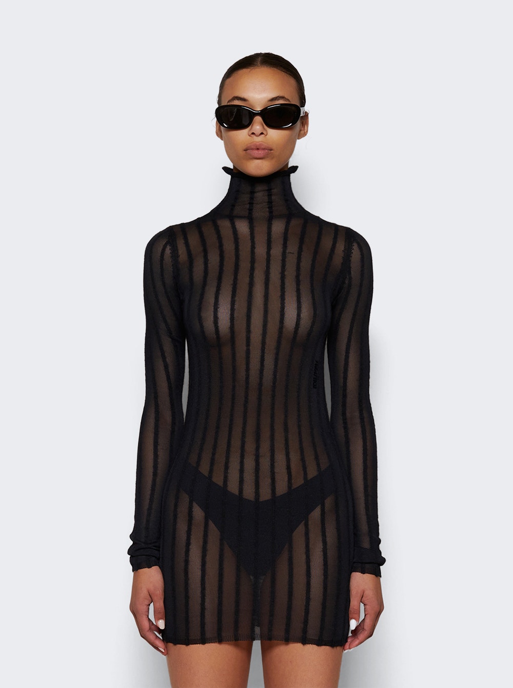 Semi-sheer Knitted Ribbed Mini Dress Black