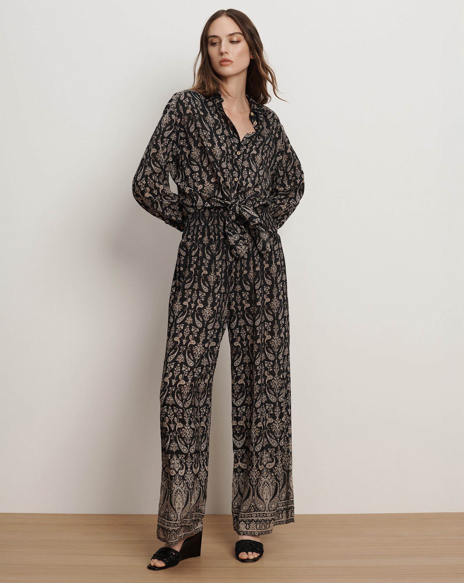 Veronica Beard Callaway Smocked Wide-Leg Pant Black Multi