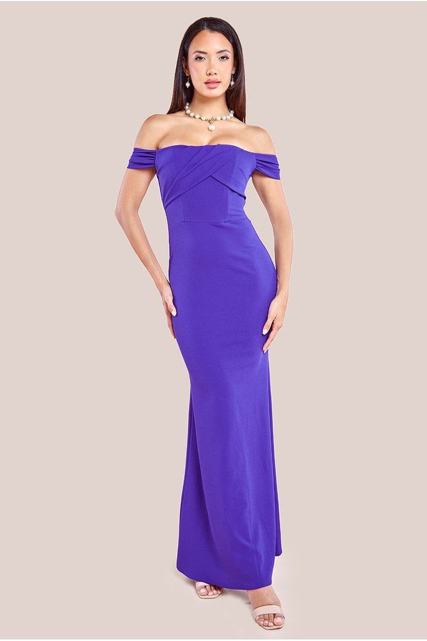 Goddiva Pleated Bardot Scuba Maxi Dress