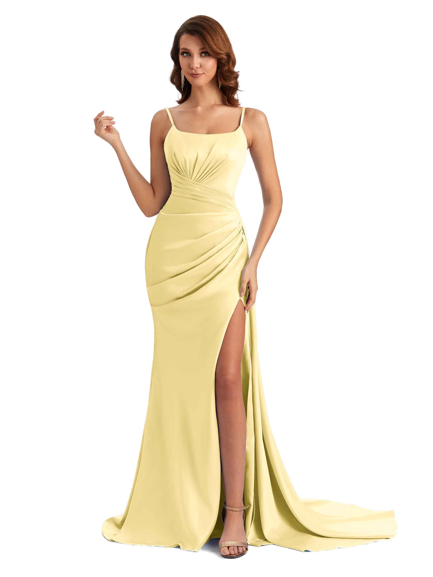 Sexy Mermaid Side Slit Silky Satin Unique Long Maxi Bridesmaid Dress For Wedding