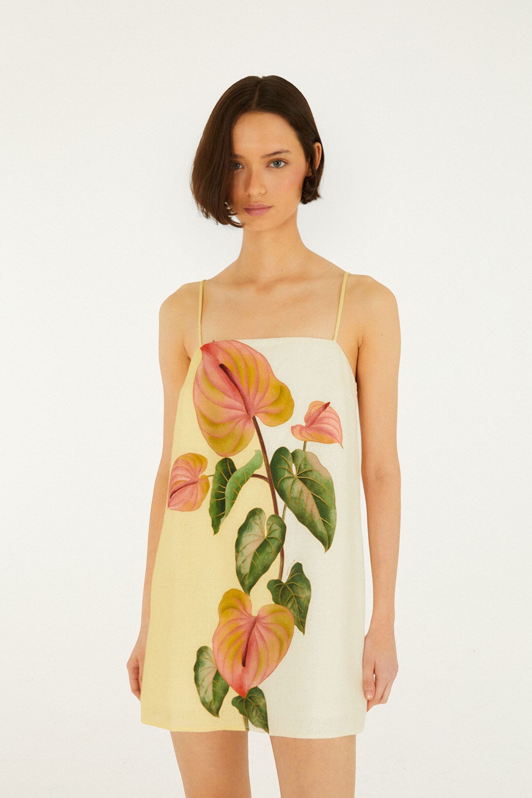 Golden Yellow Anthurium Square Neck Mini Dress, ANTURIUM GOLDEN YELLOW