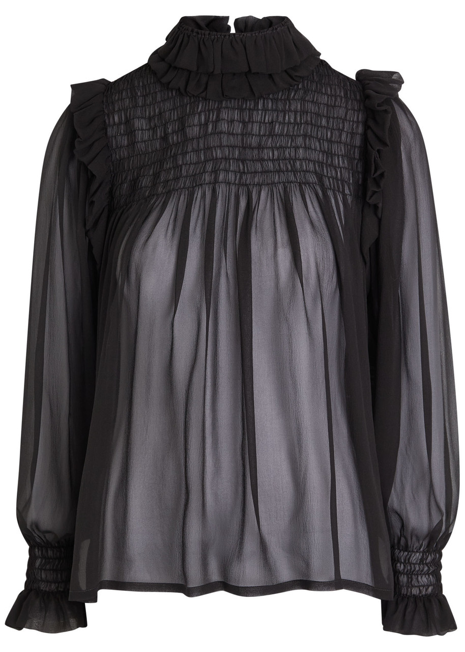 Saint Laurent Ruffled Sheer Silk Blouse - Black - S