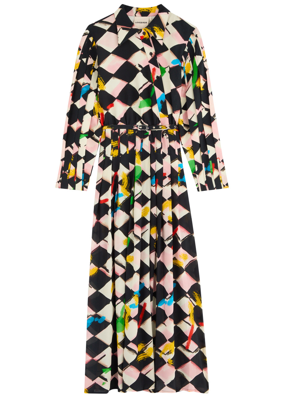 Lovebirds Printed Belted Silk Midi Shirt Dress - Multicoloured - L