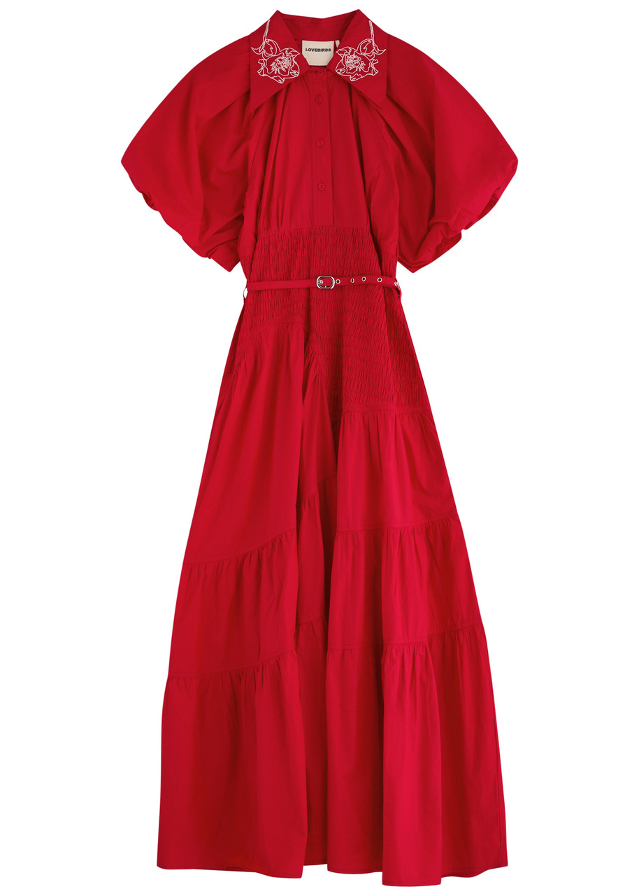 Lovebirds Tiered Belted Cotton Midi Shirt Dress - Red - S -
