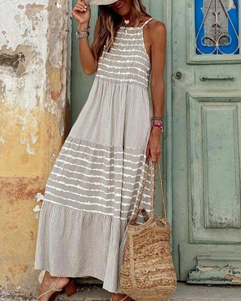 Zeagoo Women's Casual Loose Long Beach Dresses Vintage Striped Print Patchwork Maxi Dress - Grey M
