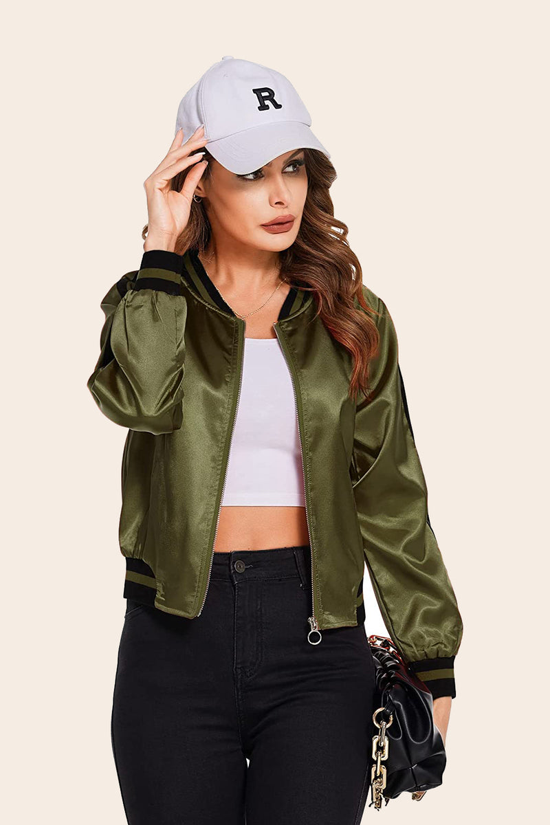 Striped Biker Jacket Zip Up Bomber Jacket - Zeagoo- Army Green M