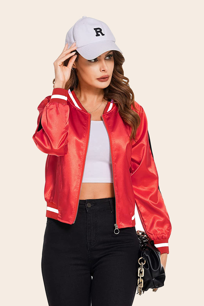 Striped Biker Jacket Zip Up Bomber Jacket - Zeagoo- Red