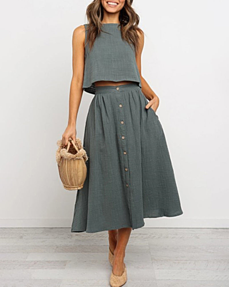 Short Vest Midi Skirt Set - Grey