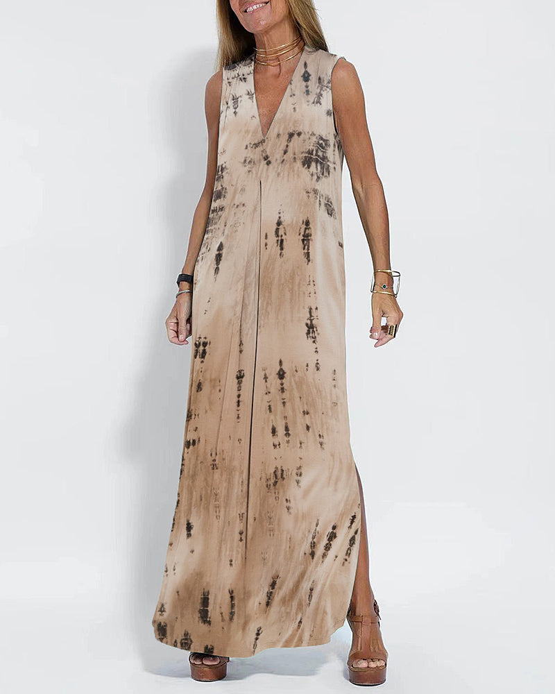 Elegant Tie-dye Sleeveless Maxi Dress - Apricot Dress S