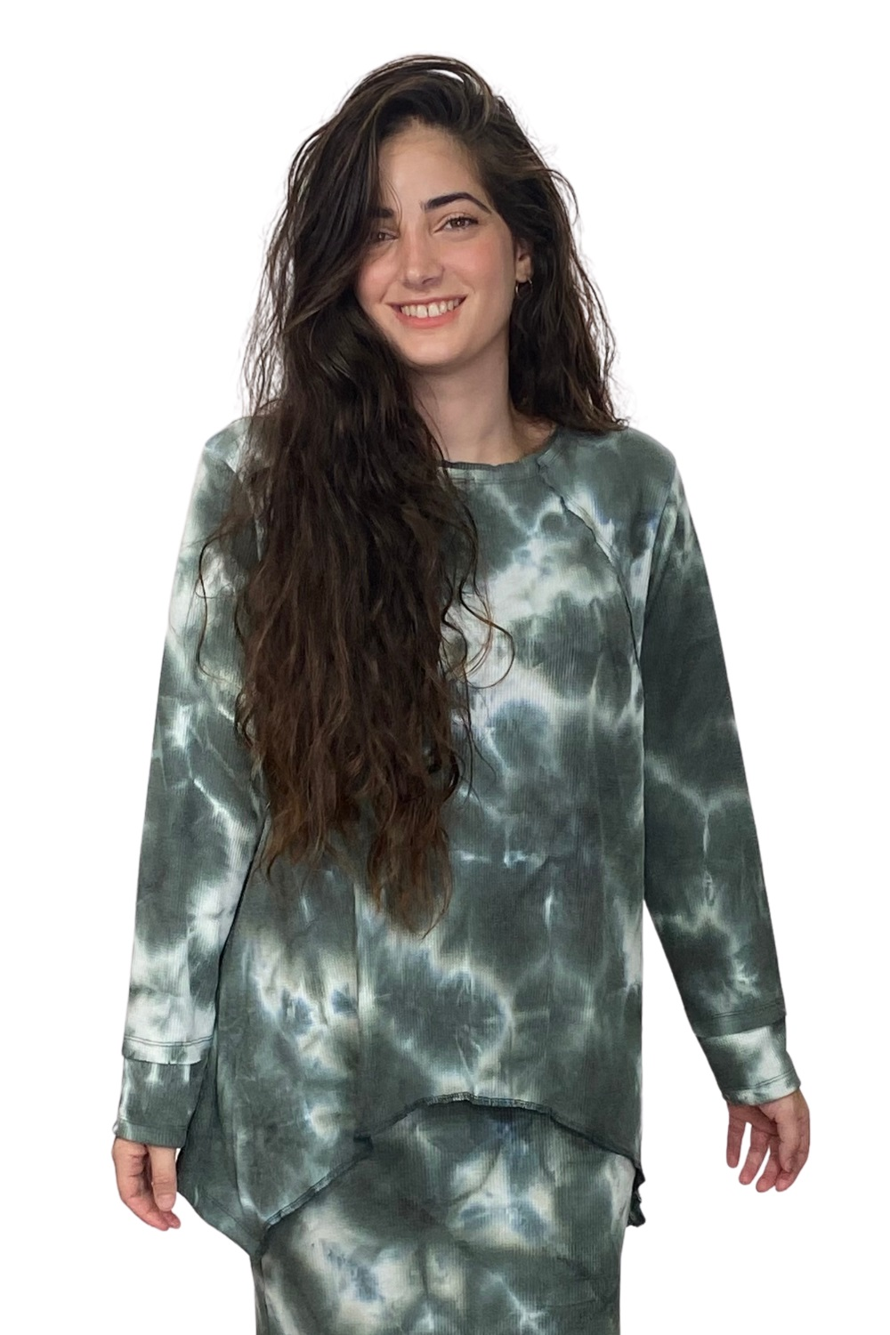 Long Sleeve Relaxed Fit Tie-Dye Waffle Tunic - Green Tie-Dye Small