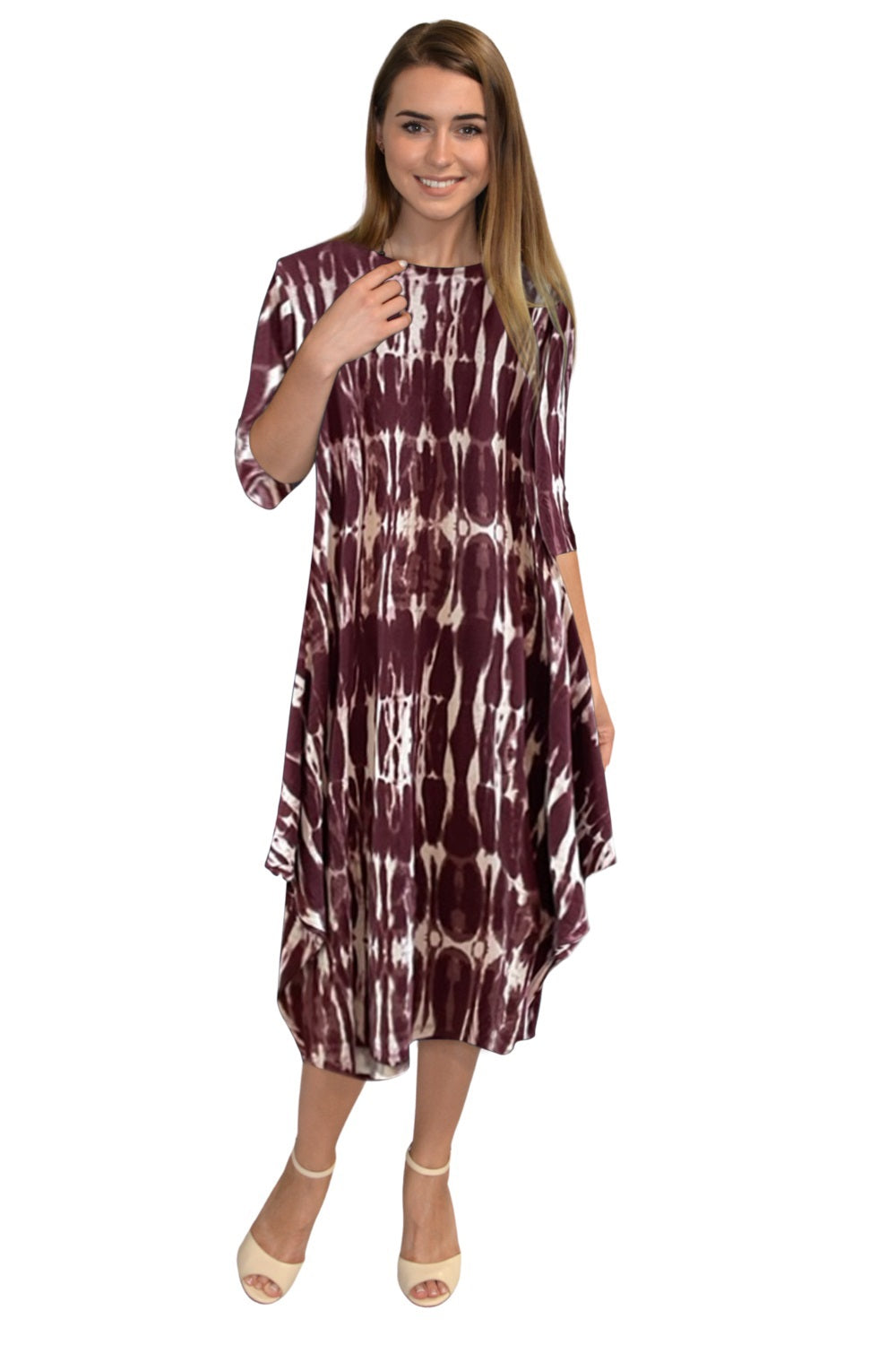 Flowing Midi Dress with Sleeves and Dramatic Drape - Aubergine Tie-Dye Stripe Small