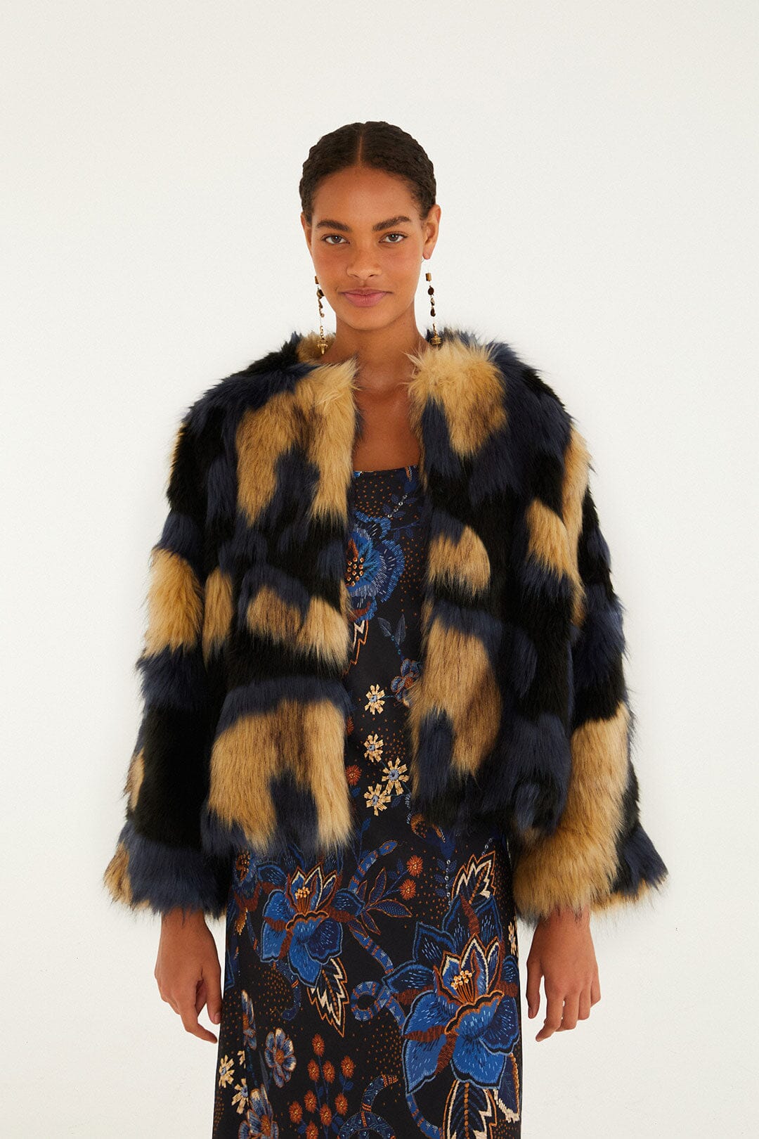 Multicolor Faux Fur Coat, BLUE