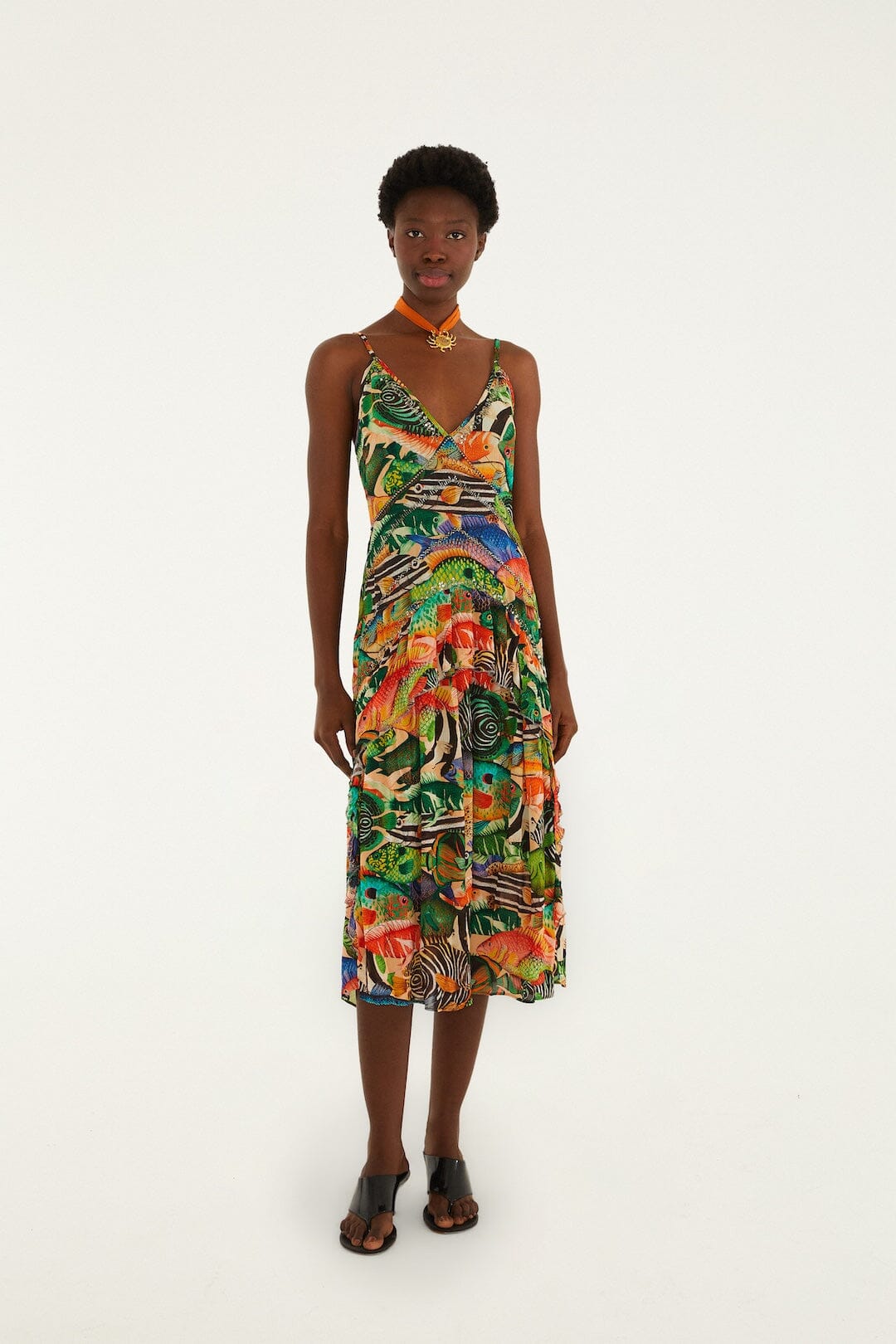 Multicolor Fish Sea Sleeveless Midi Dress, FISH SEA MULTICOLOR
