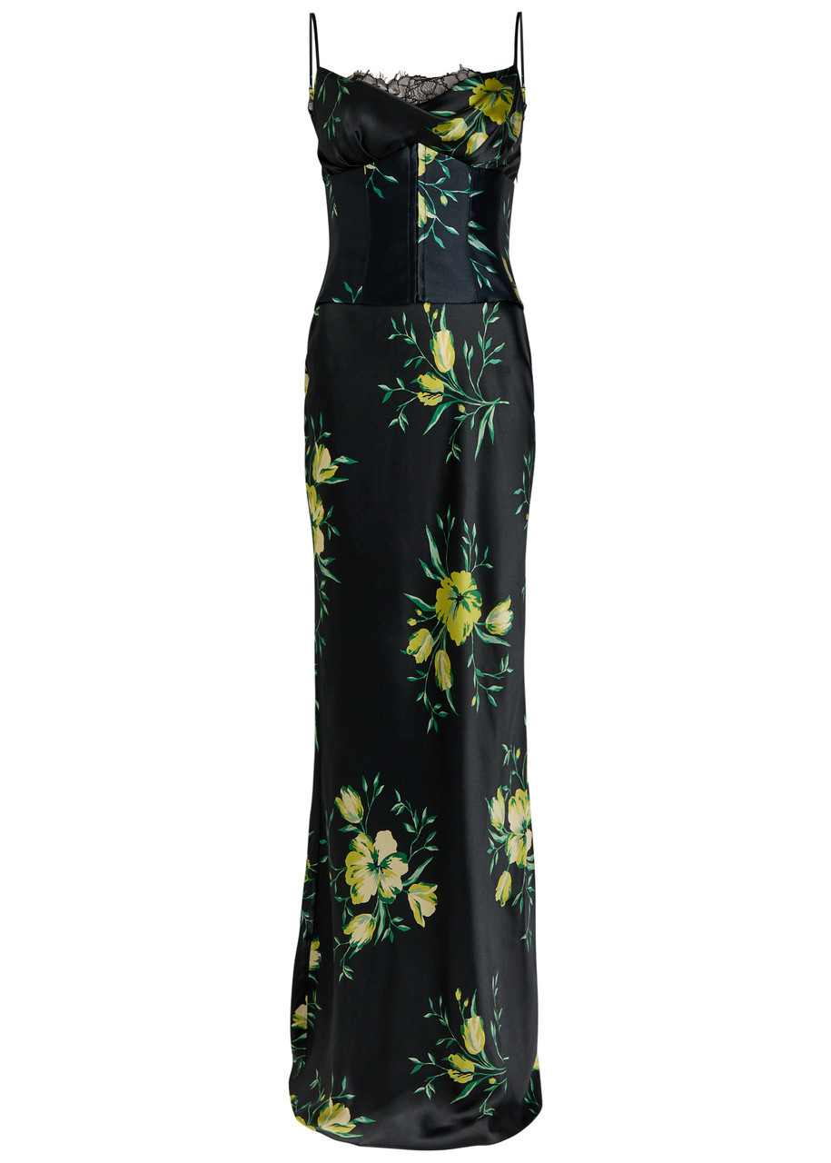 DE LA Vali Cleodora Corset Floral Satin-silk Midi Slip Dress - Black -