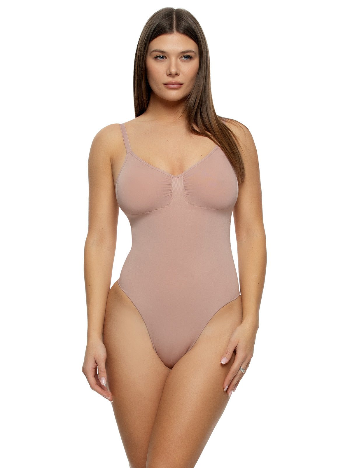 Bodycon Seamless Thong Bodysuit, Rose Tan X