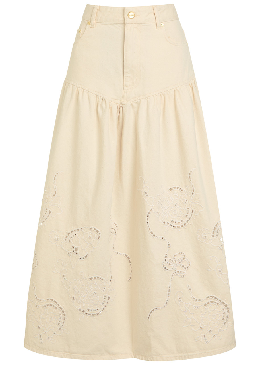 Ganni Embroidered Denim Midi Skirt - Ecru - S