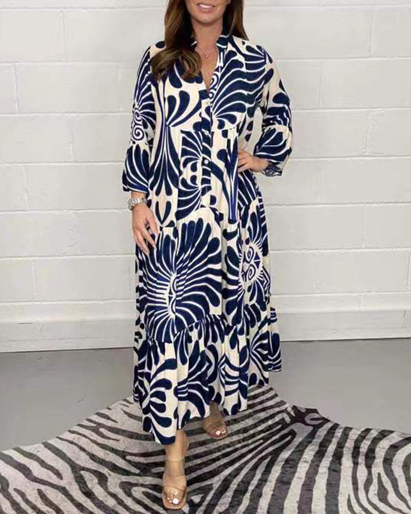 Printed Shirt Dresses V-Neck Three Quarter Sleeves Midi Dress - Blue