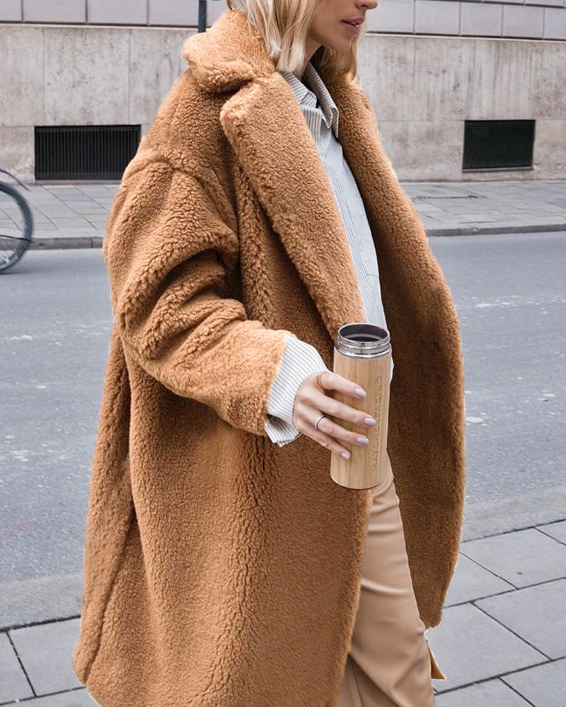 Faux Fur Plush Coat Open Front Solid Long Teddy Overcoat - Camel