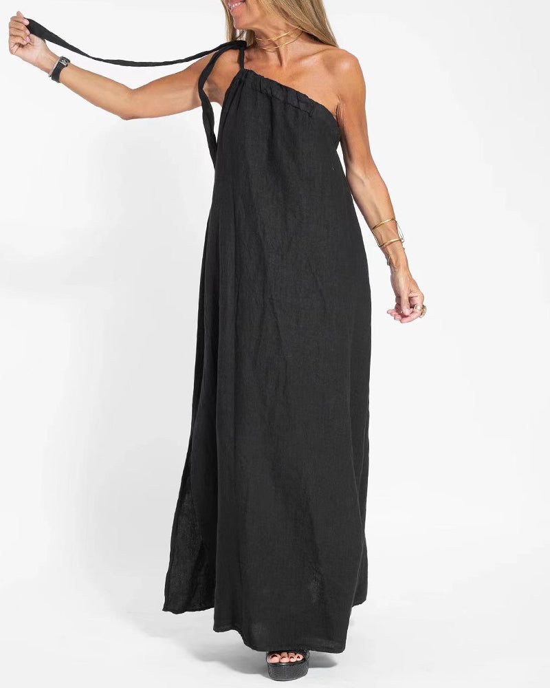 Sleeveless Asymmetrical Off-Shoulder Slit Dress - Black