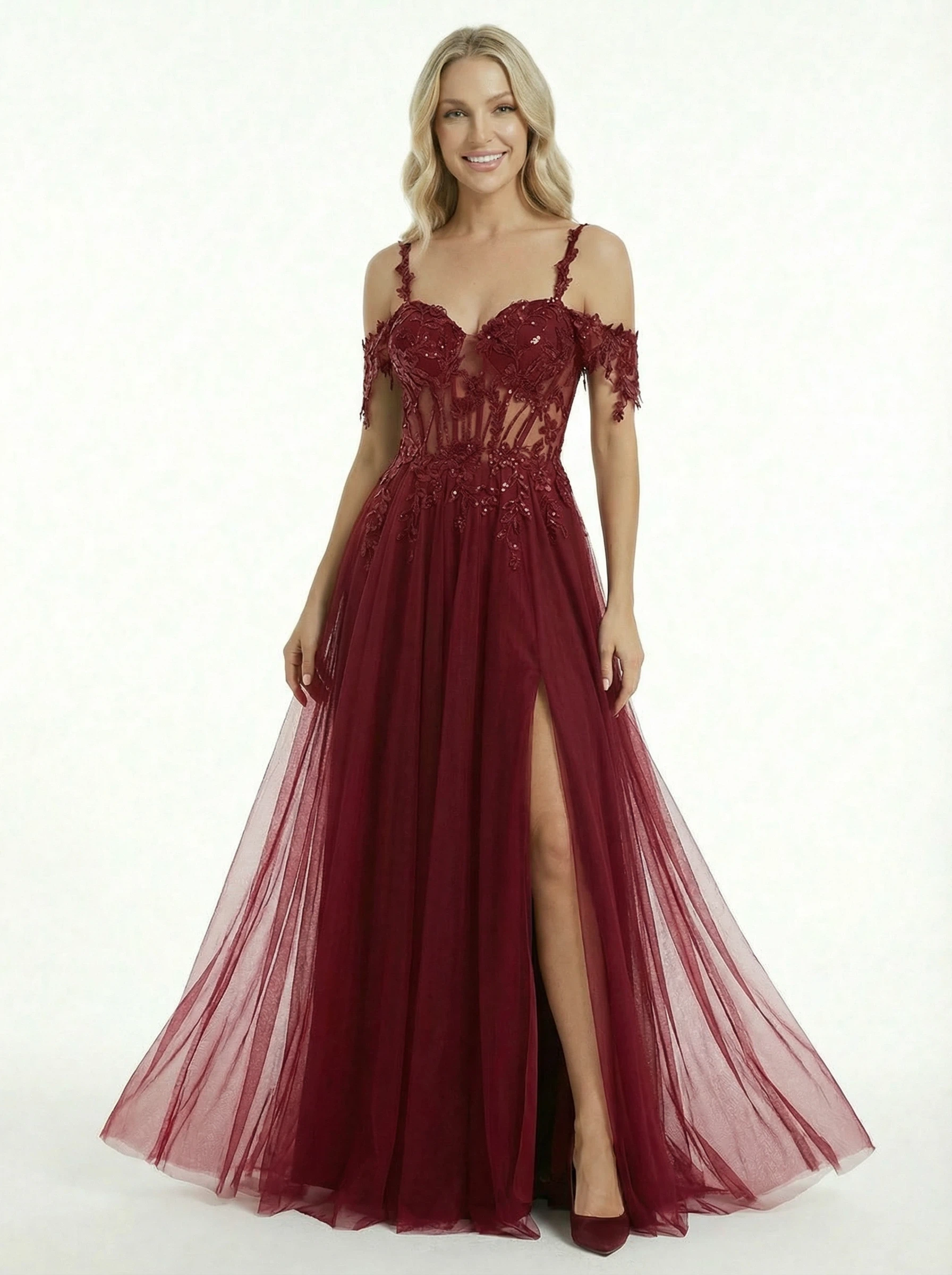 Sexy Cold Shoulder Lace Appliques A-line Corset Prom Dress with Slit